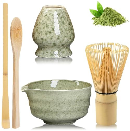 Lot de 5 pièces à thé matcha, mélangeur et fouet matcha, bol en céramique et support mélangeur, cuillère en bambou