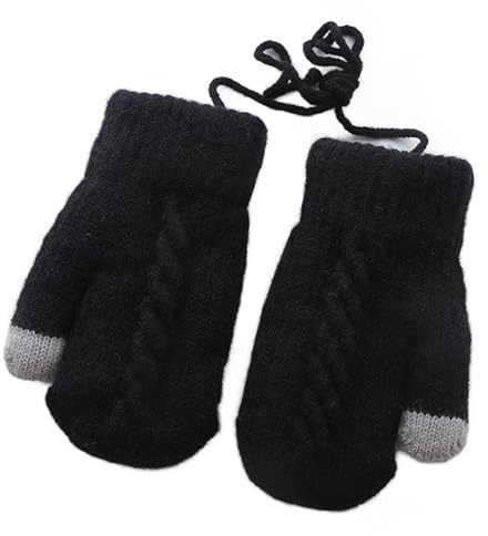 AIDIER Kids Winter Knitted Mittens With String - Thick Plush Lined for Boys Girls 2-5 Years, Thermal Full Finger Gloves, Magic Stretch, Soft Hanging Neck With Warm Fleece Lined