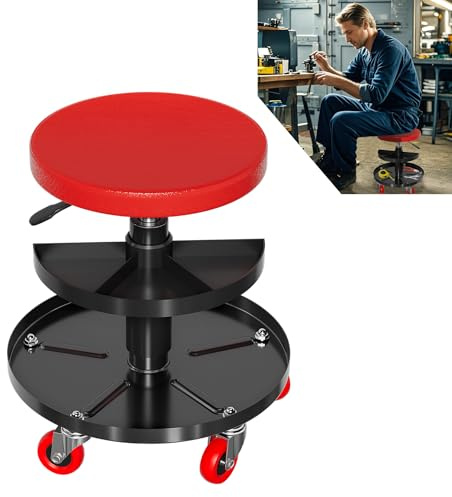 UISEBRT Taburete de taller móvil con bandeja y ruedas, taburete de garaje, capacidad de carga de 150 kg, para taller, cuidado de vehículos, mantenimiento de máquinas y bricolaje (redondo)