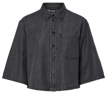 PIECES Pcjasmine - Camiseta Vaquera Recortada 3/4, Black Denim, L