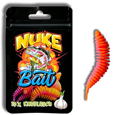 Nuke Bait - Forellen/Barschköder - Twister mit Aroma - 5 STK. - Das Original - Barsch Köder, Gummiköder mit Lockstoff, Angelköder, Raubfisch (Knoblauch, Orange/Pink, 4cm)