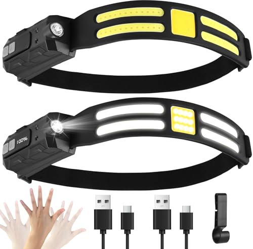 Azyvum Stirnlampe LED Wiederaufladbar 2 Stück,Intelligenter Sensor mit 6 Lichtmodi,Digitale Anzeige der Batterie 0,09KG Leichtgewichtig Stirnlampen fürs Laufen, Campen, Angeln
