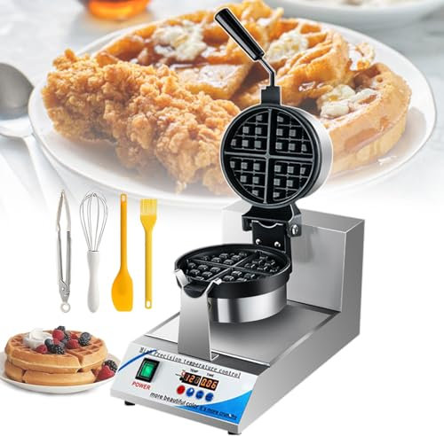 lilishangmao Gaufrier Rotatif À 180° De Qualité Professionnelle | Gaufrier Rond 1200 W - Revêtement Antiadhésif, Chauffage Double Face, Écran LED, Ustensiles De Cuisson Inclus pour Cafés/Restaurants