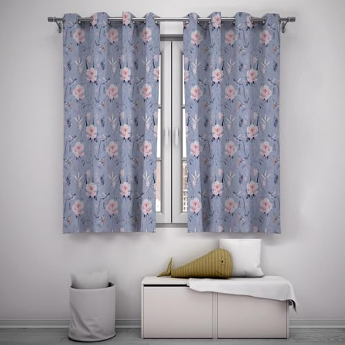 LANDOCROWN Traditionelle orientalische Blumen Schallschutzvorhänge Moderner nordischer Stil Rosa Blumen Vögel Fenster Vorhänge Blau Verdunkelungsvorhang 2X B140 x H220 cm