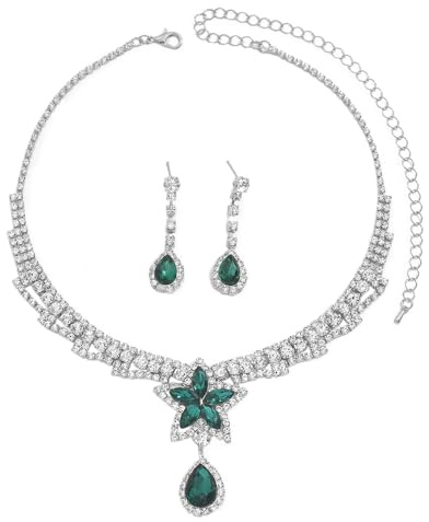 XFSRG Joyas de Mujer de Moda con Piedras de Strass Conjunto de Collar y Pendientes Elegantes para Eventos Especiales (Verde)