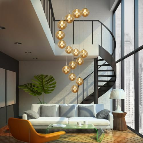 CBJKTX Pendelleuchte Treppenhaus 15 Flammig 320cm Hängelampe Bernstein | Höheverstellbar Modern Hängeleuchte, Glaskugel Pendellampe, für Wohnzimmer Galerie Ballsaal Villa Esstisch