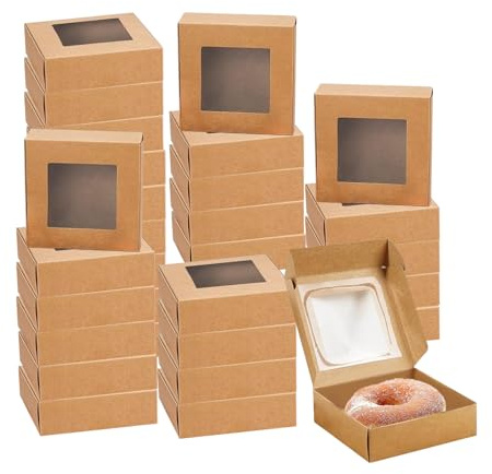 30 Stück 10x10x3cm Kraftpapier Boxen: Keksschachtel | Box mit Sichtfenster für Cupcakes, Kekse, Desserts, Party und Geschenk