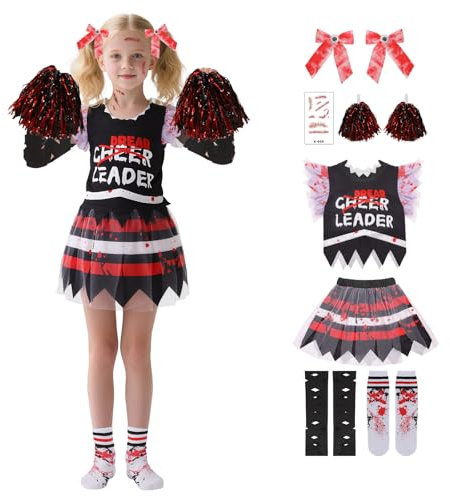 AENEY 7-teiliges Zombie-Cheerleader-Kostüm für Kinder, Mädchen, gruseliges totes Zombie-Halloween-Outfit mit Cheerleading-Bällen, Requisiten, Kostüm