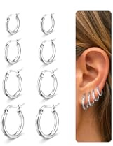Kenivira 4 par örhängen i 925 silver, creoler i 925 silver, örhängen set för damer, hypoallergent 18K förgyllt guld, små creoler, örhängen set för flera piercingar 10/12/14/16mm, 10 mm/12 mm/14 mm/16