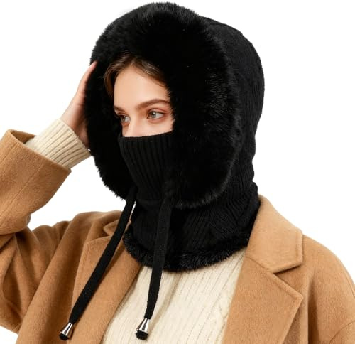 AYPOW Varm stickad vintermössa med halsvärmare för kvinnor, vindtät balaklava, skidmask, mössa, hattar, termisk fleecefoder med dragsko, mjuk ullig halsduk för kvinnor utomhus, Svart, en storlek