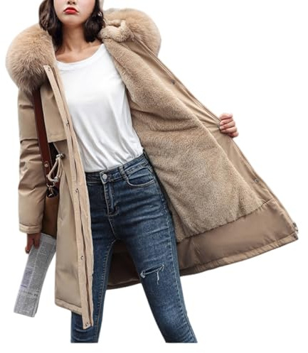 Lång puffer vinterrockar för kvinnor, dunparkas varm ytterrock knälång tjock quiltad jacka med pälshuva, Khaki, XL