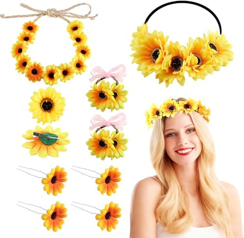 10 Stück Sonnenblumen Haarband Set mit 2 Blumen Haarbänder, 2 Sonnenblumen Armbänder, 6 Gänseblümchen Haarspangen – Ideal für Karneval Hochzeit Reise Strand Fotografie Copslay Party