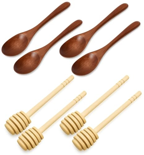 8 Stück Honiglöffel Set, Holzlöffel für Honig, 4 Honigstäbchen und 4 Honiglöffel, 15 cm Länge, Ideal für Tee, Joghurt und Desserts