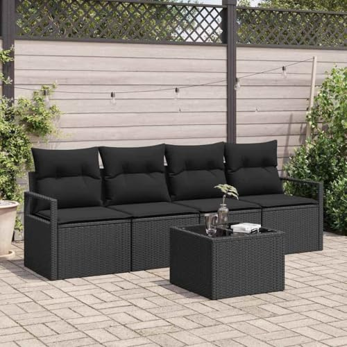 Ziaphsol Garten Loungesofa Set 5-teilig, Schwarz Poly-Rattan, Outdoor Möbel mit Kissen, Stahlrahmen, UV-beständig, 10 Sitzmodule & Tisch
