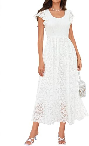 GRACE KARIN Women's Summer A-Line Maxi Dress Elastic Waist Ruffle Lace Beach Dresses Short Sleeve Sundress White L