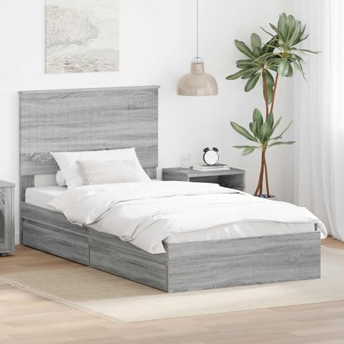 QUAHEAS Modern Grey Sonoma Storage Bed Frame, 100 x 200 cm, Durable Engineered Wood, Twin Size Platform with Headboard, Built-in Drawers for Bedroom Organization
