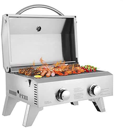 Bonnlo 20,000 BTU Tabletop Gas Grill with Electric Ignition System & Lid, 2 Burners Portable Grill with Foldable Legs, Stainless Steel Propane Grill with Thermometer for Outdoor BBQ Camping Use