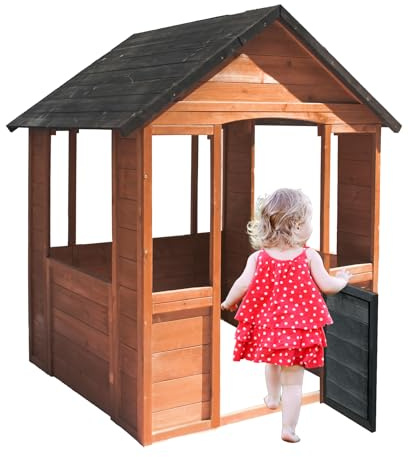 Playhouse for Kids Outdoor, Wooden Country Style Playhouse with Sink, Windows, Working Door, Cookware Pots, Cottage Play House for Outdoor Backyard Patio Play (Brown)