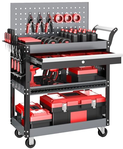 AIRAJ 3 Tier Rolling Tool Cart On Wheels,Mechanic Tool Trolley,Industrial Utility Cart with Drawers & Pegboard,440 LBS Heavy Duty Tool Storage Work Cart for Garage, Workshop, Factory and Repair Shop