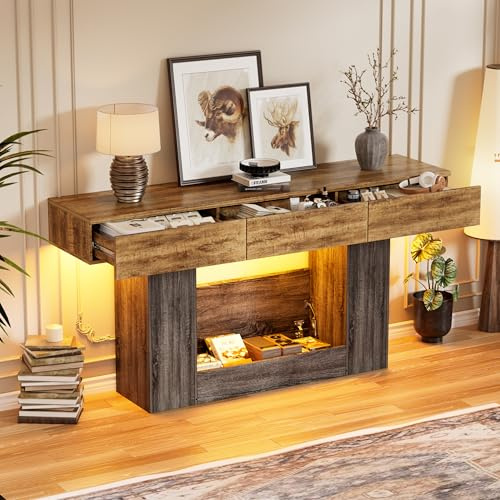 Tavolino Console da Ingresso a 2 ripiani Consolle Rettangolare con LED e 3 Cassetti Tavolino Consolle in Legno 140CM Tavolo d'Ingresso da Posizionare Dietro il Divano per Salotto,Corridoi,Entrata