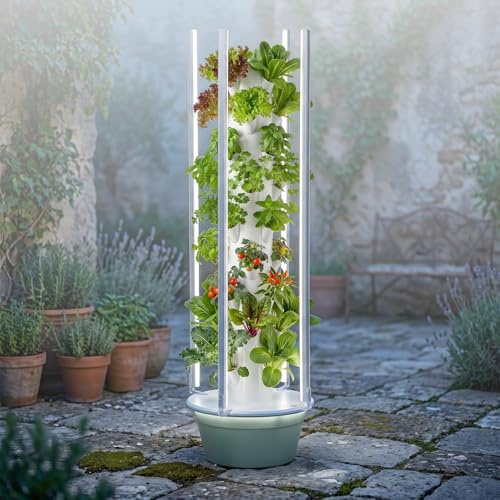 Hydroponics Growing System Vertical Tower, Automated Aeroponics Indoor Tower Garden with LED Grow Lights, Pump, Timer and Movable Water Tank, for Vegetables Fruits Herbs (9 Layer)