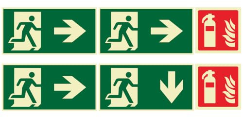Juego de 6 señales de salida de emergencia y extintor, 2 extintores de incendios (10 x 10 cm) + 4 señales de salida de emergencia (30 x 15 cm, 3 → 1↓), autoadhesivas, luminosas, PVC, para casa