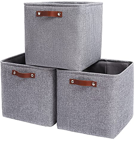 Mangata Set di 3 Cestelli di immagazzinaggio, Pieghevole Stoccaggio organizzatore Contenitore Cesto di Tela Tessuto con Manico (Grigio, 3 Pack)
