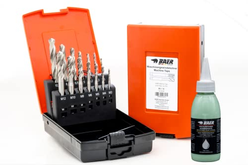 BaerCoil BAER Gewindeschneider Set HSSG: Maschinengewindebohrer Sackloch + Kernlochbohrer: M 3 - M 12 - Gewindebohrer Satz - Gewindeschneid-Set - Gewindeschneider inklusive Bohrpaste