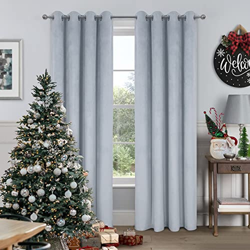 always4u 100% Vorhang Blickdicht Samt, Gardinen Wohnzimmer Modern, Verdunkelung Schallschutz Sonnenschutz, für Balkontür Kinderzimmer, Stoff sehr weich knitterfest, Silber 245x140cm 2er-Set