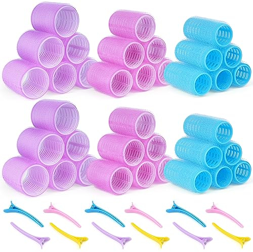 URAQT Bigodini, 36 Pz Hair Rollers Autoadesivi con 12 Pz Clip a Becco D'anatra, Boccoli Capelli Senza Calore in 3 Misure per Parrucchier, per Salon Barber, Dormire, Capelli Lunghi e Corti