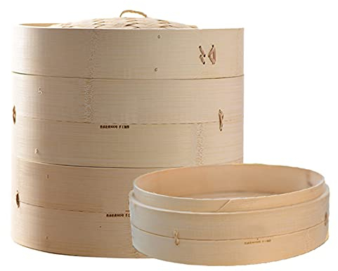 LTLWSH Panier Vapeur Bambou, Cuit Vapeur en Bambou, Cuiseur Vapeur Bambou pour Le Riz, Les dim sum, Les légumes, Le Poisson et la Viande, 3 Etages et Couvercle- pour la Cuisson de Boulettes Riz,21cm