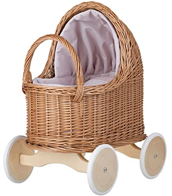 e-wicker24 Alles aus Weide Korbpuppenwagen mit Holzuntergestell – Vintage-Stil, wunderschöne Dekoration für Fotoshootings (Pink)