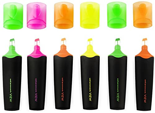 uni-ball - USP-200 Promark View Highlighter Pen - 5mm Chisel Tip - Wallet of 4 Assorted Colours + Extra Green and Orange
