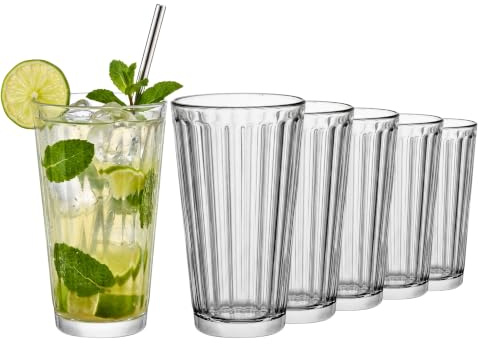 TREND FOR HOME Cocktailgläser Groß Trinkglas Caipirinha Gläser, 360 ml, Set von 6, Cocktail Highball Wasser Glässerset Tumblers Kaffeegläser Retro Design, Kollektion Arvid, Transparent