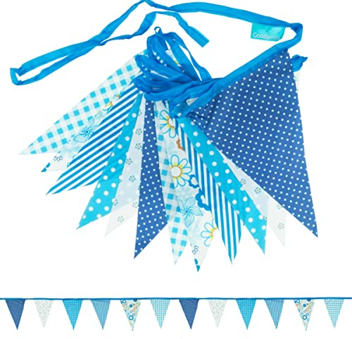 Goodymax Wimpelkette Girlande 3,50 m Polyester Stoff mit Muster blau Dekoration Blumen Streifen Punkte