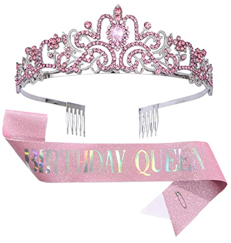 ZMREN Tiara Kristallkrone mit Birthday Queen Geburtstags Schärpe, Prinzessin Birthday Crown Prinzessin Kronen Haar-Zusätze für Abschlussball Partyzubehör Halloween - Rosa