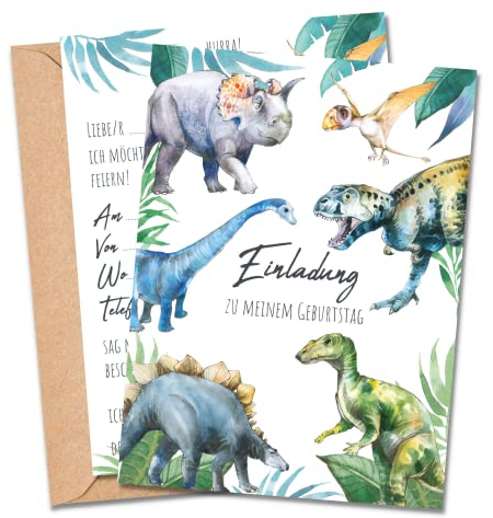MeinBaby123® 10 Einladungskarten Kindergeburtstag Jungs | süße Geburtstagseinladungen für Kinder | Dinosaurier Einladungskarten | inkl. 10 Briefumschläge | Premium Qualität (Dino V1)