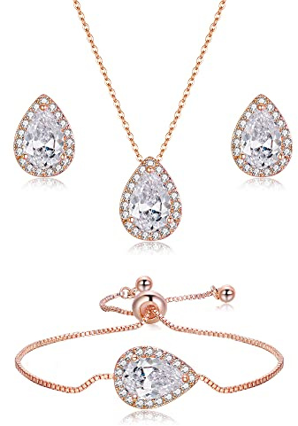 EVER FAITH Cubic Zirkonia Schmuck Set für Braut Hochzeit Teardrop Funkelnde Anhänger Halskette Ohrringe Armband für Damen Party Klar Rosegold-Ton