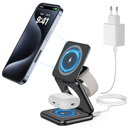 KU XIU X40 3-in-1 Magnetische Faltbare Aluminium-Ladestation – Kabelloses 15W Ladegerät für iPhone 17–12 /Air, 5W für iWatch Serie 11–4 /Ultra/SE und kabellose Kopfhörer Pro/4/3/2 – Schwarz