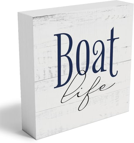 Boat Accessories Boat Stuff Boating Gifts Lake Themed Decor Farmhouse Wood Block Wooden Box Sign for Home Office Bedroom Bathroom Cabin Cubicle Shelf Table Desk Decorations