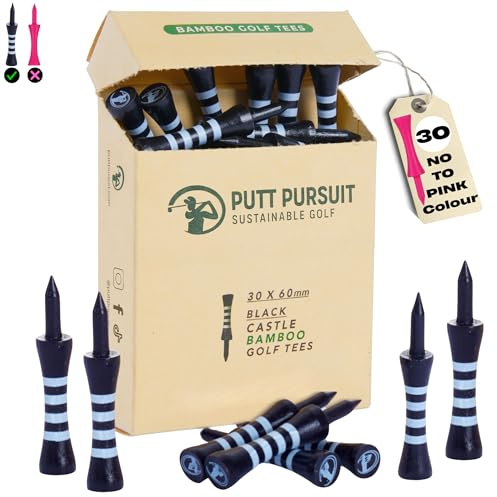 Putt Pursuit 6cm/ 60mm Castle Bamboo Golf Tees - Biodegradable & Sustainable Golf Tees Bamboo Material - Golf Accessories - Golf Tees Wooden - 30 Non Plastic Golf Tees - Black Colour Tee