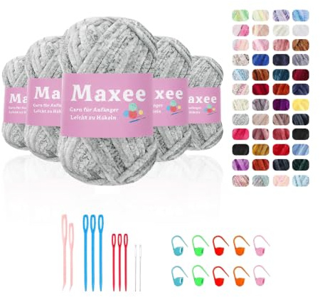 Maxee 500g(5×100g) Samtig Babywolle, Samt Chenille Garn mit Häkelwerkzeuge, Kuschelweich Velvet Chenillegarn Flauschige, Weich Plüschwolle Häkelgarn Wolle zum Stricken & Häkeln