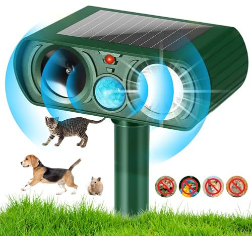 Ultrasonic Cat Repellent, Cat Deterrents for Gardens Solar Powered Waterproof,with Motion Sensor and Flashing Light, Outdoor Animal Repeller, Cat Scarer for Squirrels, Cats, Dogs, Rats