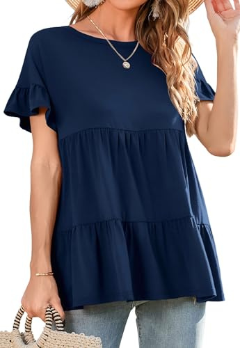Neineiwu Rundhals T-Shirt Damen Kurzarm Bluse Damen Sommer Oberteile Elegant Tshirts Gestuftes Solide Tunika Oberteil Damen elegant Seidenbluse Damen Longshirt Damen Kurzarm S-XXL