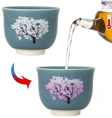 Tazas de té con flores de cerezo sensibles que cambian de calor, tazas de café de estilo japonés que cambian de color, taza de té mágica única para regalo de San Valentín, 130 ml (azul)