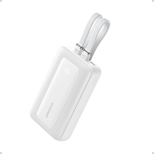 Anker Powerbank, 10.000mAh 30W Max. portables Schnell-Ladegerät mit integriertem USB-C & MFi-zertifiziertem Lightning-Kabel, 1 USB-C, 1 USB-A, Akkupack für iPhone 17/16 Modelle, MacBook, Galaxy etc.