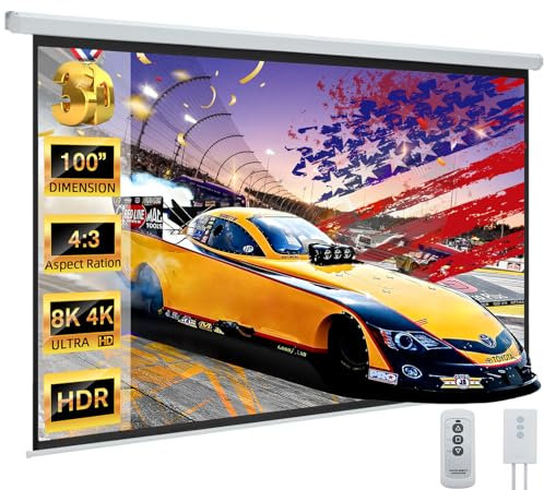 YODOLLA 100 Projector Screen Motorized 4:3, 4K HD Pull Down Retractable Projection Screens Electric Automatic Wall Ceiling Movie Screen for Office Classroom Indoor with Remotes…