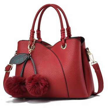 NICOLE & DORIS Damen Handtasche Elegant Umhängetasche Mode Schultertasche Bommel Henkeltasche PU Leder Wasserdicht Tote Tasche mit Vielen Fächern Rot