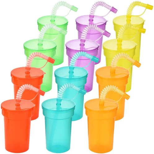 ALINK 12 Pack Wiederverwendbare Neon Tassen mit Deckel,Trinkbecher Set mit Deckel, Eiskaffee,Kaltes Trinken,Smoothie Saft (380ML)