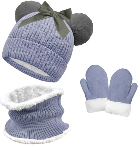 crazy bean Bonnet Echarpe et Gants pour Enfant Chaud Hiver Tour de Cou et Moufle Fille Garçon Bonnet en Tricot avec Double Pompon Fourrure Ensemble de 3 Pièces